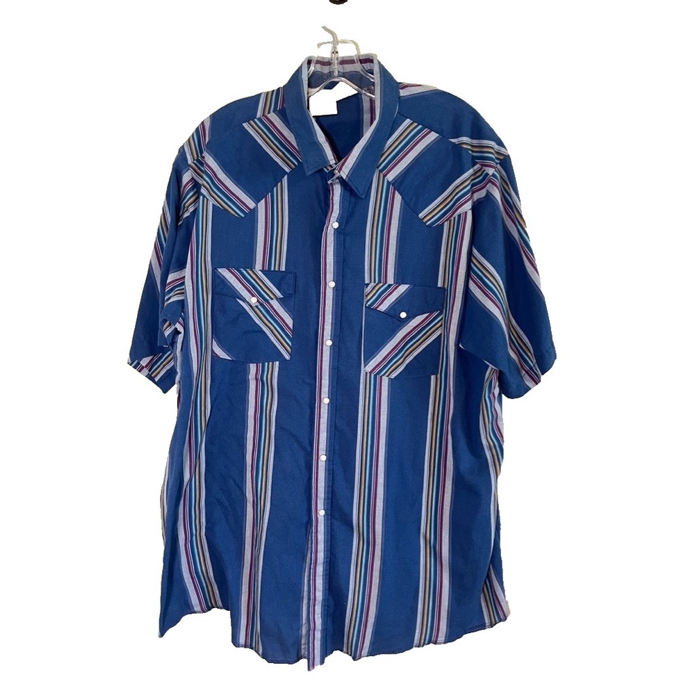 Western Frontier Striped Peal Snap Shirt 2X Blue Rodeo Cowboy Country Farm 80s